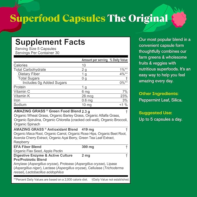 Amazing Grass Greens Blend Superfood Capsules: Super Greens with Organic Spirulina, Chlorella, Beet Root Powder, Digestive Enzymes & Probiotics, 150 Capsules (Packaging May Vary)