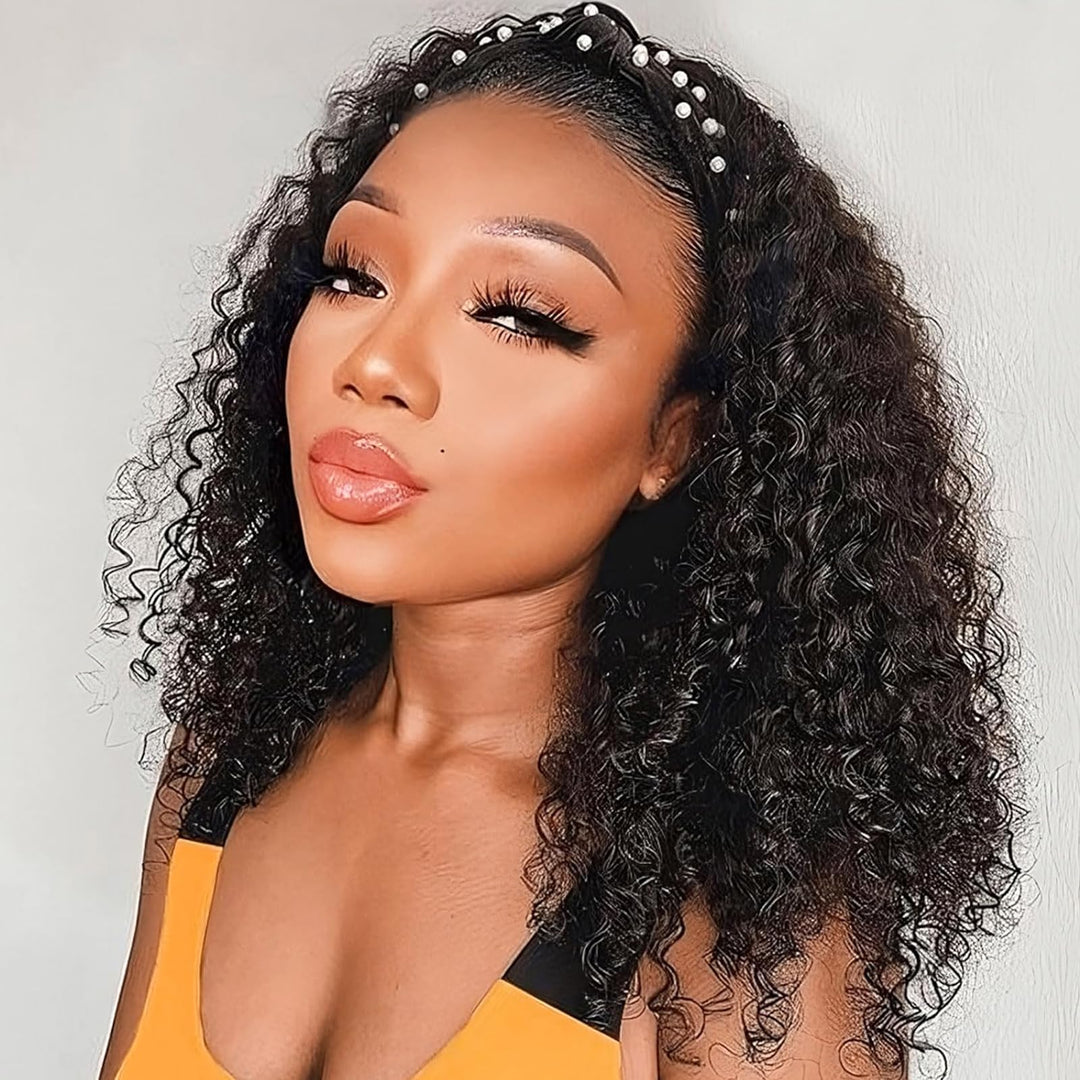 Aisi Queens Headband Wig Human Hair For Black Women Curly Wigs Glueless Human Hair Short Curly Headband Wigs (18 Inch, Curly Hea