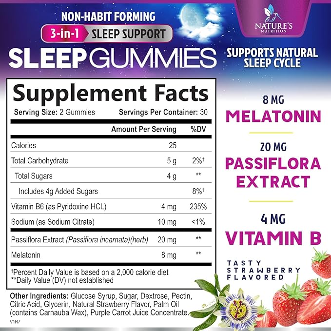Sleep Gummy 8mg Melatonin - Extra Strength Sleep Support with 20mg Passiflora, Natural Sleeping Gummies for Adults, Vegan & Non-GMO, Melatonin Supplement for Restful Sleep Women & Men - 60 Gummies