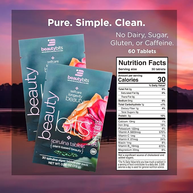 BEAUTYbits - Organic Spirulina Tablets - Algae Superfood - Collagen, Protein, Chlorophyll - Hair, Nails, & Skin Care - Vegan, Keto, Gluten Free - Self Care - Skincare Beauty Gifts - 2 Bags, 60 Tablets