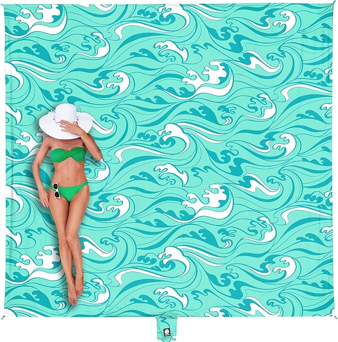 WEKAPO Beach Blanket Waterproof Sandproof Oversized Extra Large Sand Free Beach Mat with Stakes, Storage Bag - Essentials for Outdoor Beach, Picnic (Turquoise Ocean Waves, 11 X 9 FT (1~10 Person))