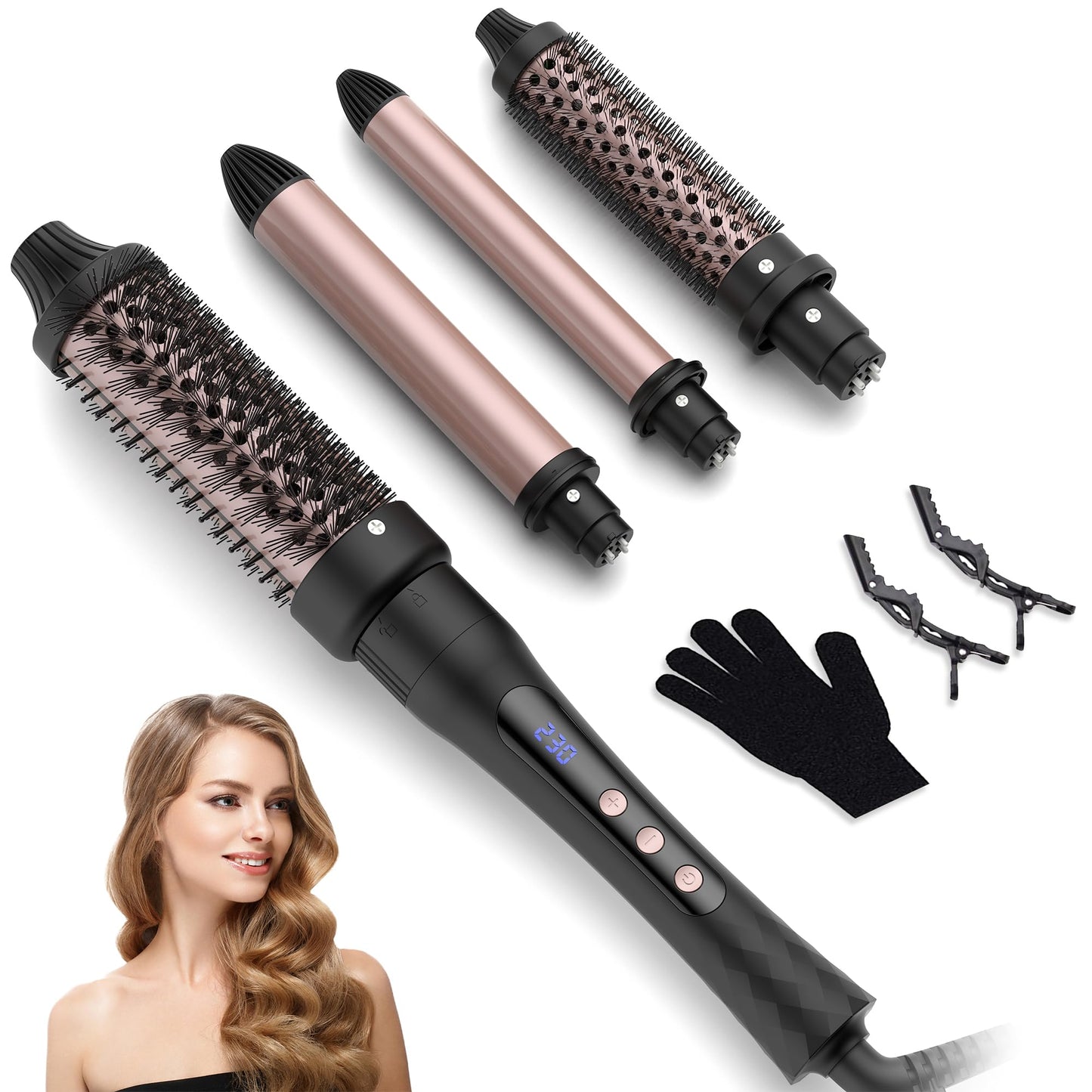 4 in 1 Thermal Brush Curling Iron Set, 25mm & 32mm Curling Wand Set and 32mm & 38mm Thermal Brush Hair Tool, 14 Temp Heating Setting Thermal Round Brush, Interchangeable Hair Curler 110-240V