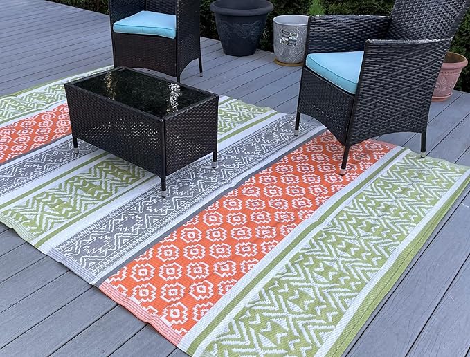 BalajeesUSA Outdoor Decor Patio Rugs – 6x9, Green, Orange Waterproof Affordable Multipurpose Woven Plastic Straw All-Weather Waterproof Rug Reversible Camper mat Awning