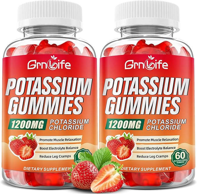 2 Pack Potassium Gummies for Adults, Potassium Chloride Gummies 1200mg Support Leg Cramps & Electrolyte Balance, Strawberry Flavor 120 Count