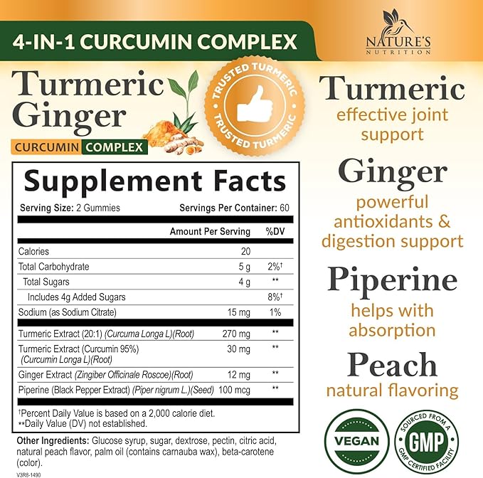 Turmeric Gummies with Black Pepper & Ginger for Best Absorption, 95% Curcuminoids Tumeric Curcumin Gummy, Nature's Herbal Extract Joint Support Supplement, Vegan Non-GMO, Peach Flavor - 120 Gummies