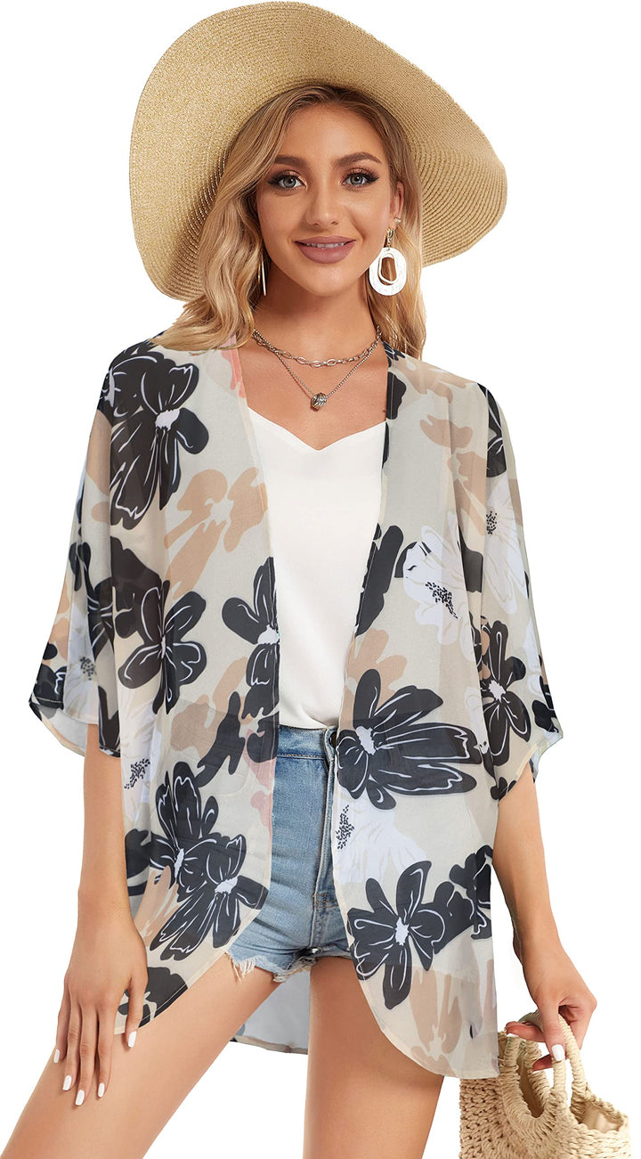 Women Kimono Cardigan Sheer Beach Coverups Chiffon Loose Casual Open Front Tops (Dasiy KhakiS)