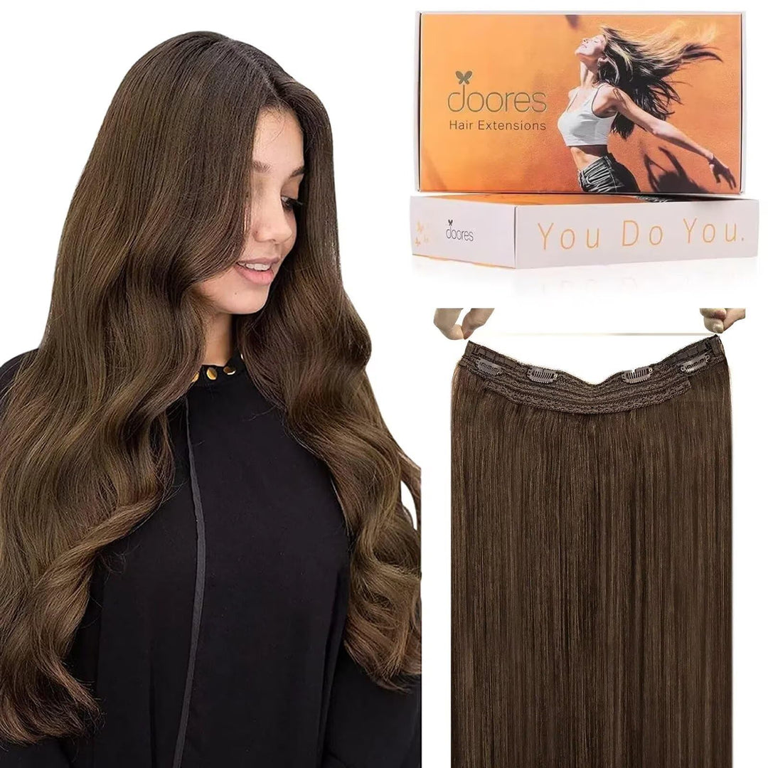 Doores Wire Hair Extensions, 14 Inch 105G Fshing Line Hair Extensions Chocolate Brown, Human Hair Wire Hair Extensions Invisible