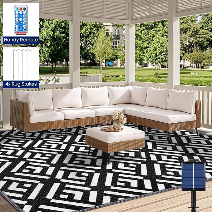 8x10Ft Outdoor Rug, Solar Powered Outdoor Camping Rug with 111LEDs Strip Lights, Waterproof Plastic Reversible Outdoor Straw Rug, Rug Mat for RV Camping Patio House Deck Beach Balcony Picnic