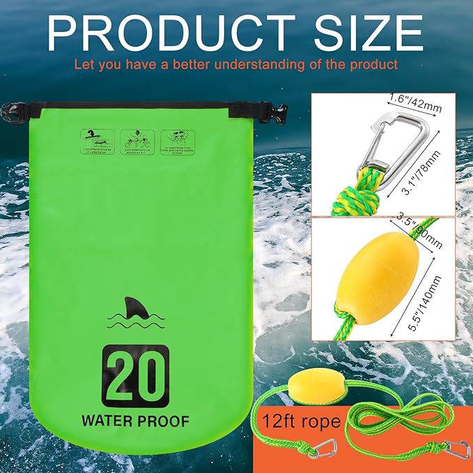 2 Set 20L Sand Anchor Heavy Duty Buoy Kit 2 in 1 Kayak Anchor Floating Waterproof Dry Bag with High Visibility Float Rope for Lake Beach Boat Hiking Camping Water Sports Surfing Kayaking(Green)