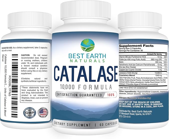 Best Earth Naturals Catalase Supplement 10,000 with Saw Palmetto, Biotin, Fo-Ti, PABA - Hair Supplements for Strong Hair - 180 Capsules - Pack of 3 (90-Day Supply)