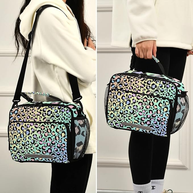 Rainbow Leopard Print Lunch Bag Insulated Lunch Box Cooler Bag Cooling Tote Food Container for Men Women Kids