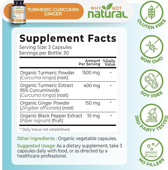 Organic Turmeric Curcumin Supplement in Capsules with Ginger and Black Pepper - Tumeric