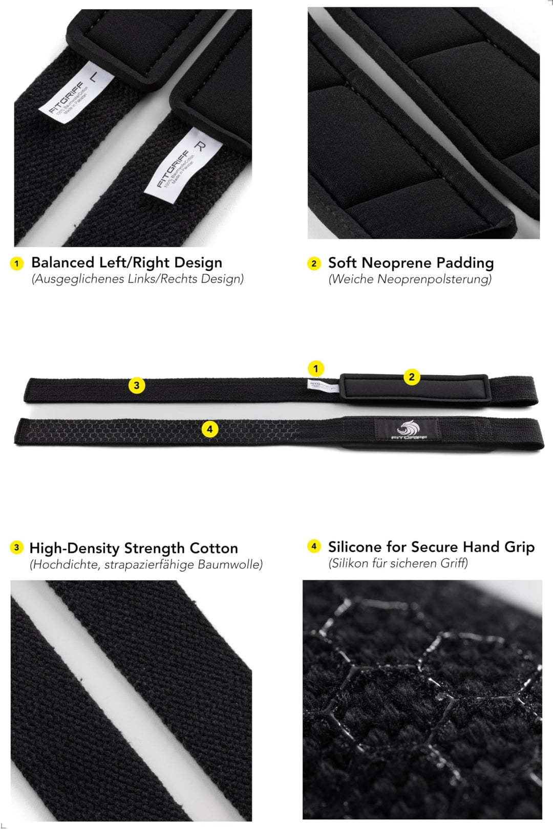 Fitgriff® Lifting Wrist Straps for Weightlifting, Gym, Deadlift, Workout (Made of Premium Cotton & Padded) - Men & Women (XS, Black (Silicone-Grip))