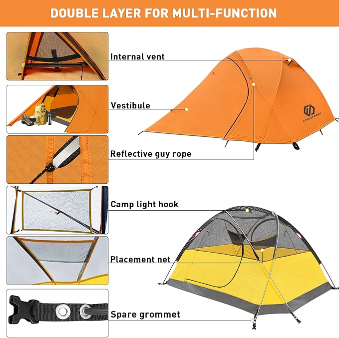 2 Person Camping Tent with 3 Aluminum Alloy Poles, 4 or 3 Season Waterproof Tent, Double Layer,Easy Setup, 2 Doors for Outdoor Hiking,Mountaineering,Survival,Travel