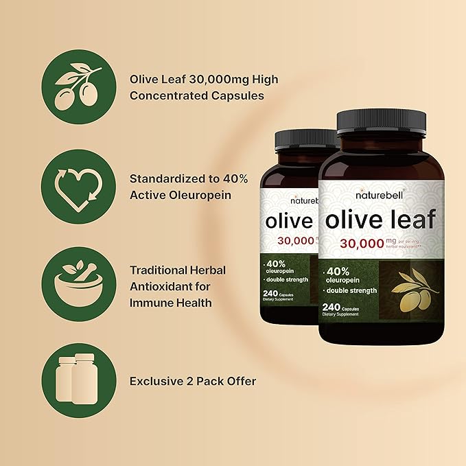 2 Pack Olive Leaf Extract 30000mg, 480 Total Capsules | 40% Active Oleuropein, 50:1 Herbal Equivalent – Rich in Polyphenol & Flavonoid Antioxidants for Immune & Heart Health – Non-GMO