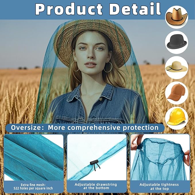 2 Pack Ultra Large Mosquito Net 42x25 Inches Mosquito Head Net Oversized Insect Netting Bug Fits Most Hats for Gardening Hiking Fishing Traveling(Blue)