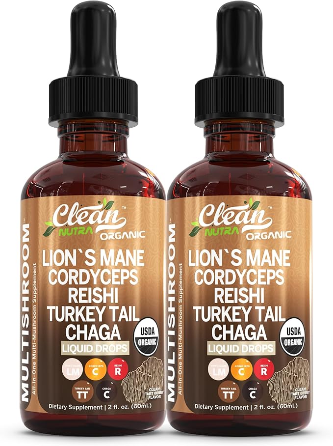 Mushroom Supplement Liquid Drops with Lions Mane Turkey Tail Cordyceps Reishi Chaga Shitake Maitake Tremella Oyster Mushrooms Poria Supplement and Enokitake Mushrooms Complex Blend by Clean Nutra
