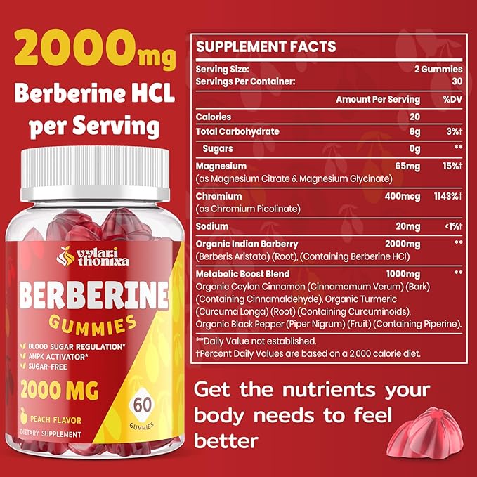 2000mg Berberine Supplement Gummies - High Potency Berberine with Ceylon Cinnamon Candy, Turmeric, Magnesium, Chromium - Sugar Free, Vegan, Non-GMO, Gluten-Free - Peach Flavor 60 Gummies - 2 Pack