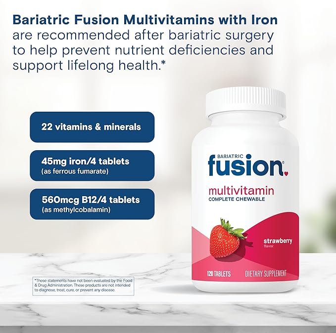 Bariatric Fusion Bariatric Multivitamin with Iron Complete Chewable | Strawberry | Post Bariatric Vitamins for Gastric Bypass and Sleeve Gastrectomy | One Month Supply