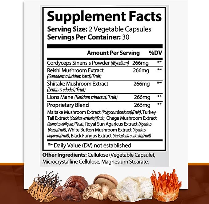 Complete Mushroom Supplement -10 in 1 Complex with Lions Mane, Cordyceps, Shiitake, Chaga, Turkey Tail for Immune Support, Memory, Focus & Natural Energy Booster - 180 Capsules (3 Bottles)