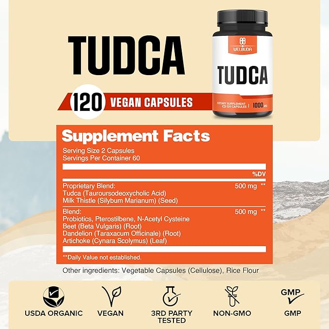8in1 Tudca 1000mg Supplement - 120 Capsules for 2 Months - Extra Strength with Milk Thistle, Probiotics, Beet Root, Dandelion & More - Support for Immune System, Digestion Health & Brain Health