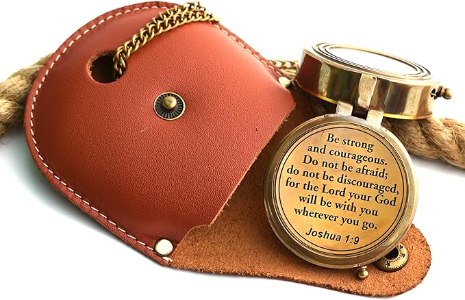 Be Strong and Courageous (Joshua 1:9) Brass Compass with wooden Box-Engraved Scripture Prayer Compass Religious Gift for Men & Women - Baptism, Confirmation, Communion Compass for Boys Graduation Gift