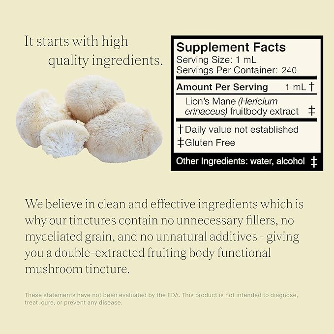 Lions Mane Extract - Double Extracted Fruitbody Mushroom Tincture, Natural Support for Mental Clarity, Brain Function, Memory, Cell Regeneration, Creativity & Mood (240 Servings)