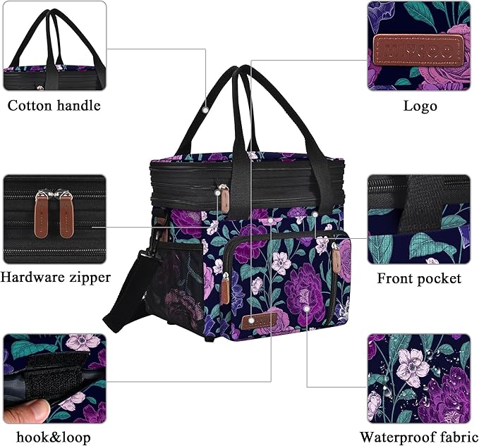 MIYCOO Lunch Bag for Women Men Double Deck Lunch Box - Leakproof Insulated Soft Large Lunch Cooler Bag, (Purple Flower,15L)