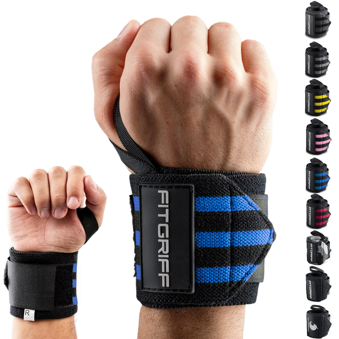 Fitgriff® Wrist Wraps for Weightlifting (18") Heavy-Duty Support for Gym, Bench Press, and Pushups (1 Pair) - for Men and Women (Black/Blue)