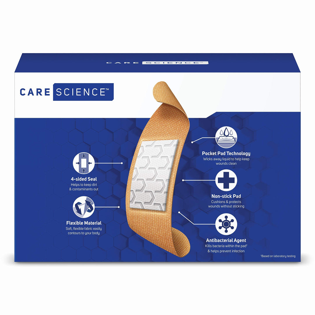 Care Science Fabric Adhesive Bandages, 200 ct Bulk Assorted Sizes | Flexible + Breathable Protection Helps Prevent Infection for First Aid and Wound Care