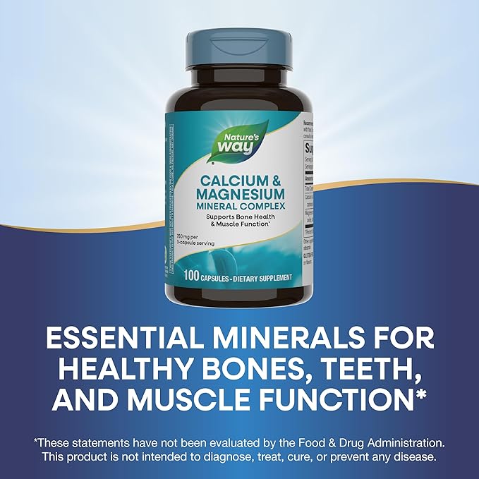 Nature's Way Calcium & Magnesium Mineral Complex, Supports Bone Health & Muscle Function,* 750 mg per 3-Capsule Serving, 100 Capsules (Packaging May Vary)