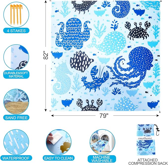 Beach Blanket, Sandproof Beach Mat 79" X 82" for 4-7 Adults, Large Waterproof Beach Blanket Quick Drying Lightweight Beach Blanket with 4 Stakes for Travel Camping Hiking (Octopus)