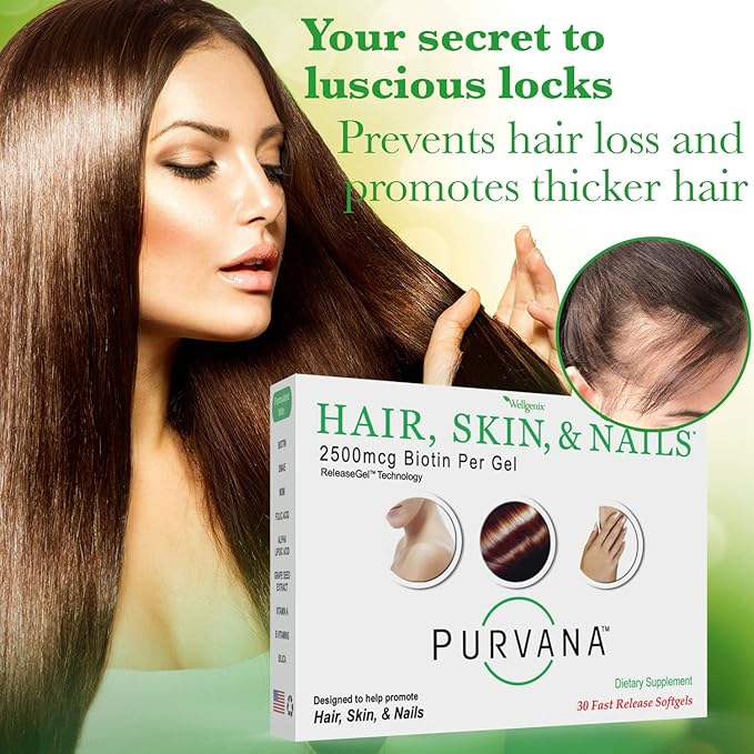 Wellgenix Purvana Hair, Skin, and Nails Vitamin - 2500mcg Biotin, Folic Acid, DMAE, Grape Seed Extract - One a Day Softgels - PCOS & Postpartum Hair Loss Support - (30 Count)