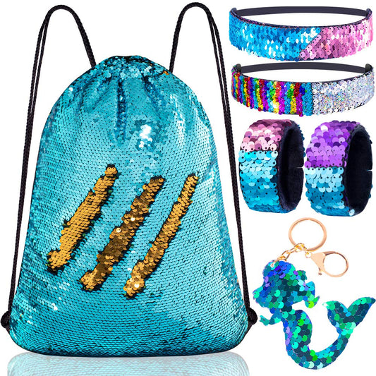 Mermaid Reversible Sequin Drawstring Backpack/Bag Blue/Gold for Kids Girls One_Size