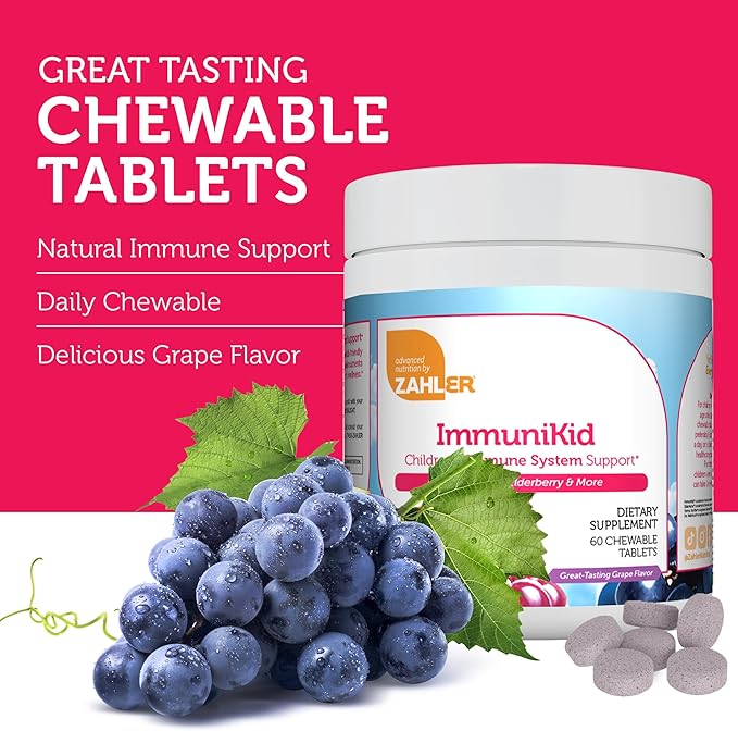 Zahler Kids Immune Support Supplement with Elderberry, Zinc and Vitamin C D3 A - Grape Flavored Chewable Tablets - Kosher for Kids Ages 4 and Up, 60 Count