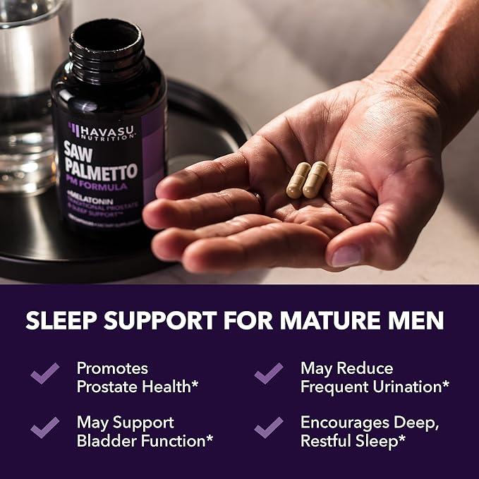 Saw Palmetto PM for Men with Melatonin 3mg - Night Time Prostate Health Supplement for Bladder and Sleep Support - Reduce Urinary Frequency - 100 Count - Vegan, Non-GMO Capsules - Over 3 Month Supply