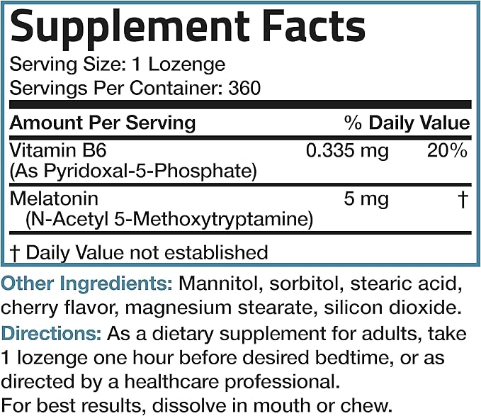 Bronson Melatonin 5mg Fast Dissolve Cherry Flavor Tablets with Vitamin B6 - Nighttime Sleep Aid - Promotes Relaxation, 360 Vegetarian Chewable Lozenges