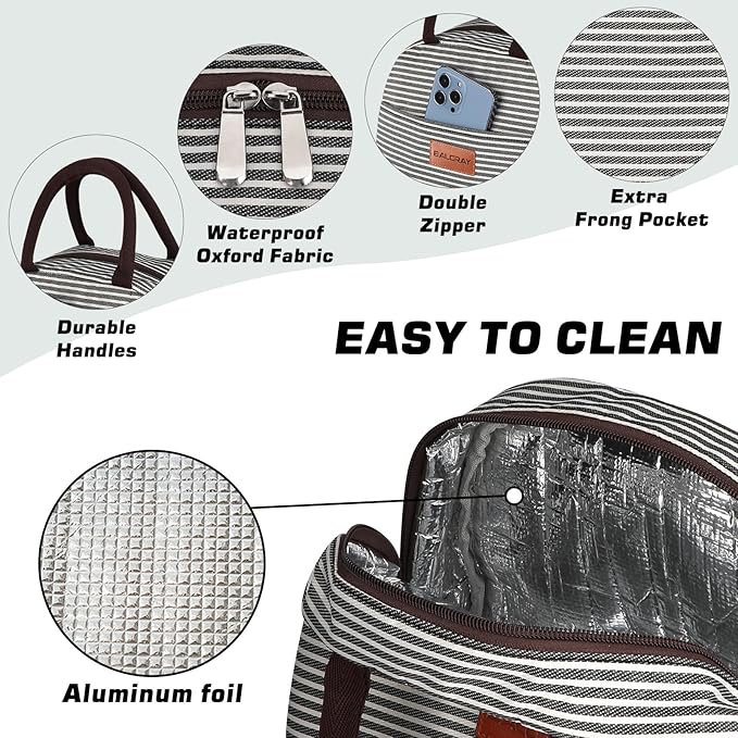 BALORAY Lunch Bag for Women Men Insulated Lunch Box for Adult Reusable Lunch Tote Bag for Work, Picnic or Travel(Black White Stripes)