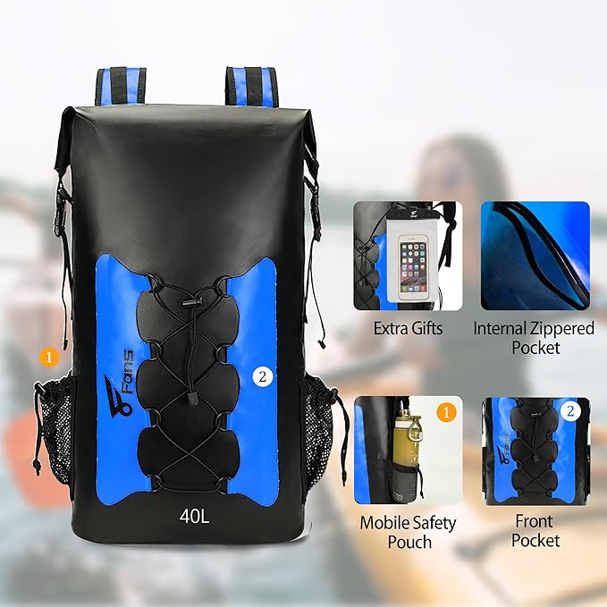 8 Fans Waterproof Backpack 40L,Floating Dry Bag with Phone Case,Roll Top Closure Waterproof Bag for Kayak Boating Sailing Canoeing Rafting Fishing Camping Blue