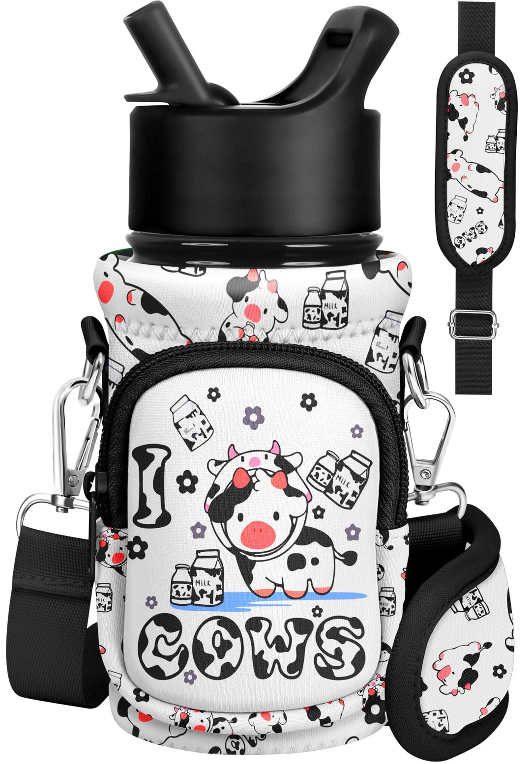 Water Bottle Carrier with Strap Cartoon Water Bottle Bags Holder for Kids Boys Girls Neoprene Insulated Bottle Bag for 10/12/14/16/18Oz Stainless Steel Glass Bottles Sleeve, Black White Cow