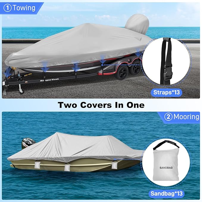 Boat Cover 16-18.5ft, Bass Tracker Boat Cover with Sand Bag Mooring Kit, 1200D Marine Canvas Waterproof Heavy Duty Boat Covers for 16 feet 17ft 18' Foot V Hull Bass & Runabout Boat,Gray
