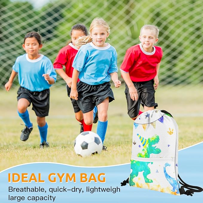 Slohif Drawstring Backpack Beach Swim Bag for Kids Draw String Dance Travel Cinch Ballet Gym Bags for Girls Boys Green Dinosaur Waterproof Backpack for Swimming Summer Camp Pool Sports Nylon Large