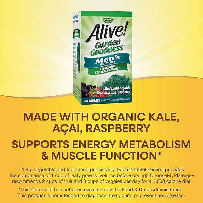 Nature's Way Alive! Garden Goodness Men's Multivitamin, One Serving of Veggies and Fruits**, High Potency B-Vitamins, 60 Tablets