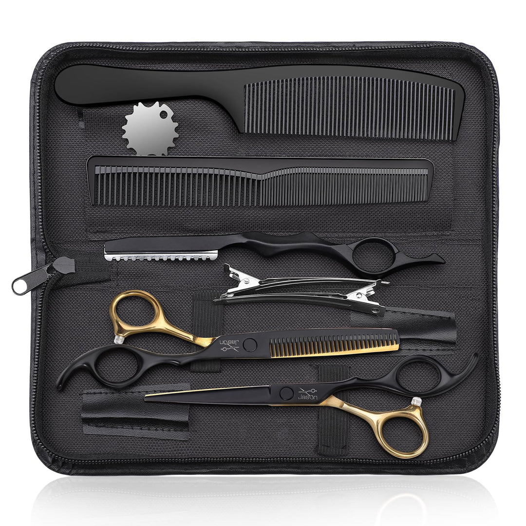 JASON Hair Cutting Scissors Kit - Professional 10 PCS Haircut Scissors Set with 6.5" Thinning/Texturizing Scissors, Straight Shears for Men Women Home Salon Barber (30 Teeth, Black & Gold)