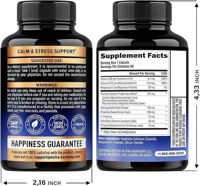 Cortisol Supplement for Women - Holy Basil | Ashwagandha | Rhodiola | L-Theanine - Plant-Based Hormone Balance - Mood, Focus & Sleep Support - Made in USA - Vegan, Non-GMO - 60 Capsules for 2 Months