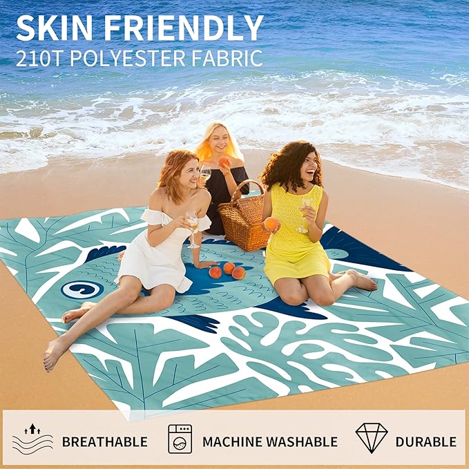 Large Beach Blanket Waterproof Sandproof 79"x 83" for 1-4 Adults,Quick Drying Beach Mat,Lightweight & Durable,Beach Essentials for Family Beach Camping Travel Picnic(Green Fish)
