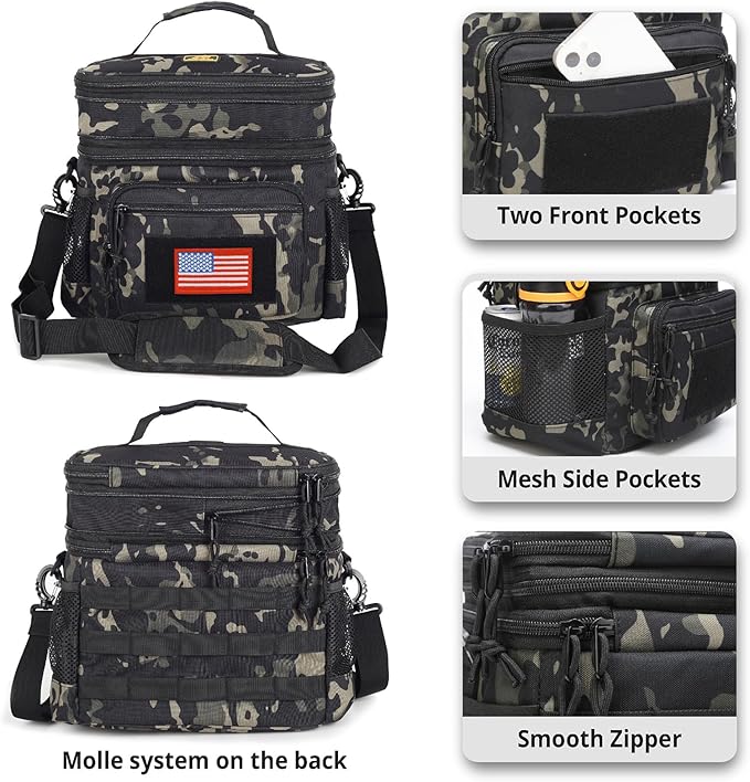 ATRIPACK Lunch Bag for Men, Double Deck Tactical Lunch Box Work with Shoulder Strap MOLLE Webbing Large Lunch Cooler Leakproof Insulated （Camo-Black）