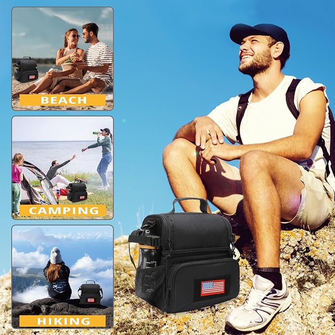 ATRIPACK 2 Compartment Lunch Bag for Men Adult, Tactical Lunch Box Leakproof Insulated Large Cooler Bag for Work with Adjustable Shoulder Strap Flag Double Layer Lunch Pail（Black）