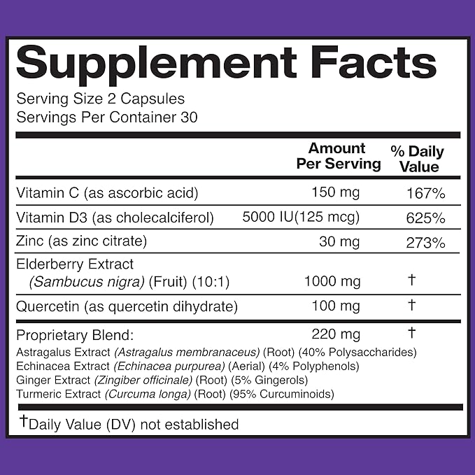 American Standard Supplements Elderberry Extract with Quercetin, Vitamin C, D3, Ginger, Zinc, Turmeric & Echinacea – Immune Support Supplement – – 60 Capsules