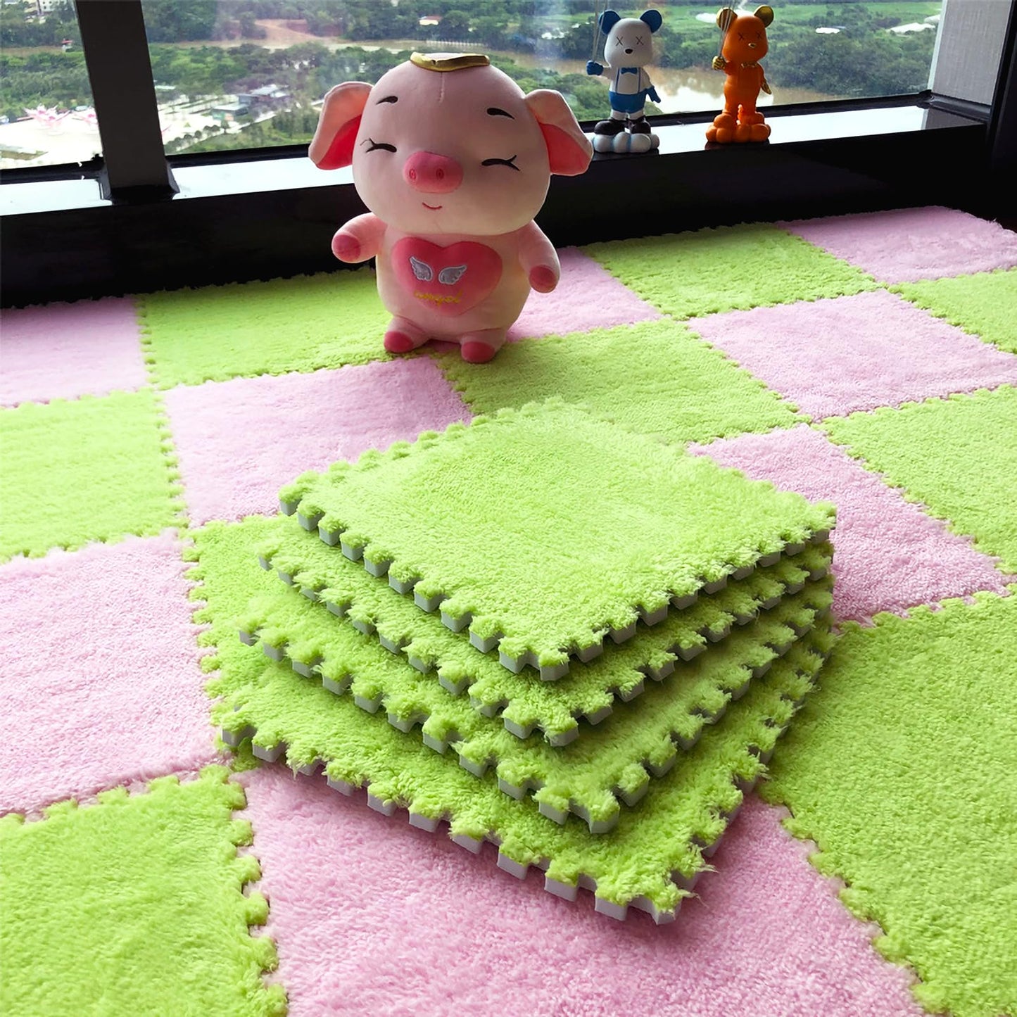 easycustomerlee 12pcs Tiled Puzzle Play Mats Interlocking Shaggy Soft EVA Foam Mats Protective Floor for Children Kids Room Home Parlor Bedroom(Green)